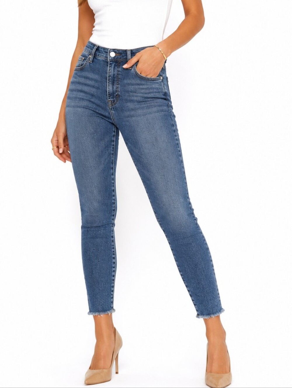 NWT Good American Good Legs Skinny Jeans Size 4/27 Medium Wash Raw Hem